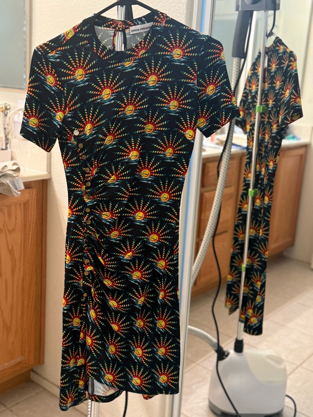 Paco Rabanne Black Mini Dress with Orange & Yellow Sunburst Print
